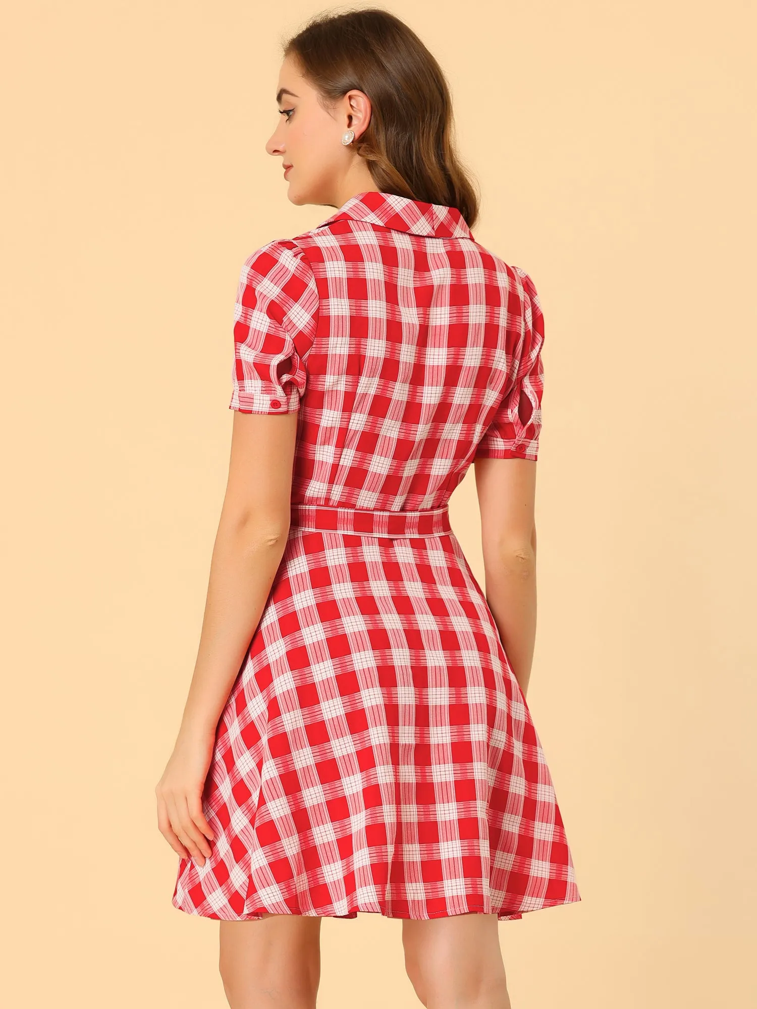 Short Sleeve Waist Belt Check Button Up A-Line Plaid Shirt Dress sold by Allegra K product image thumbnail 2