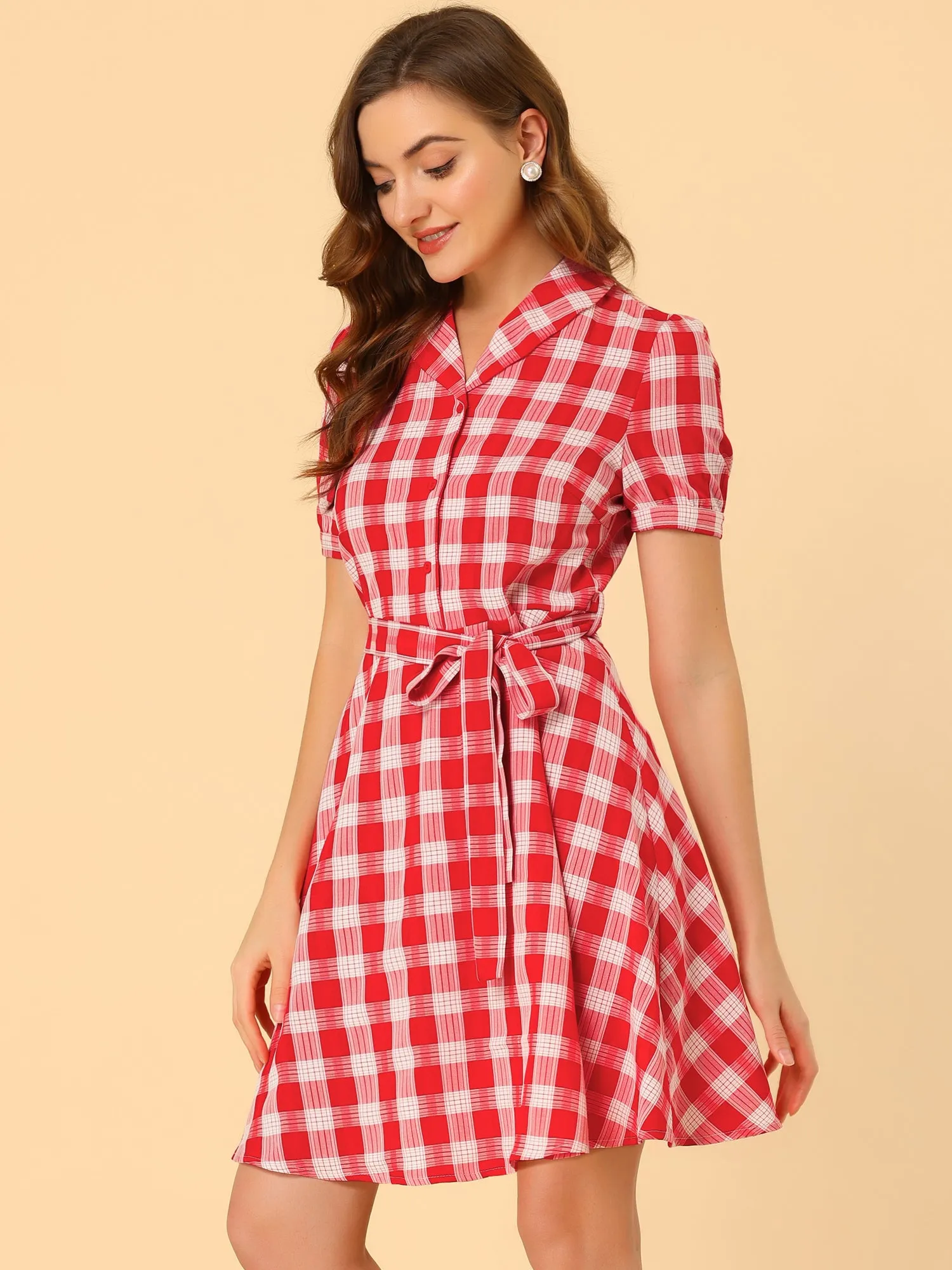 Short Sleeve Waist Belt Check Button Up A-Line Plaid Shirt Dress sold by Allegra K product image thumbnail 3