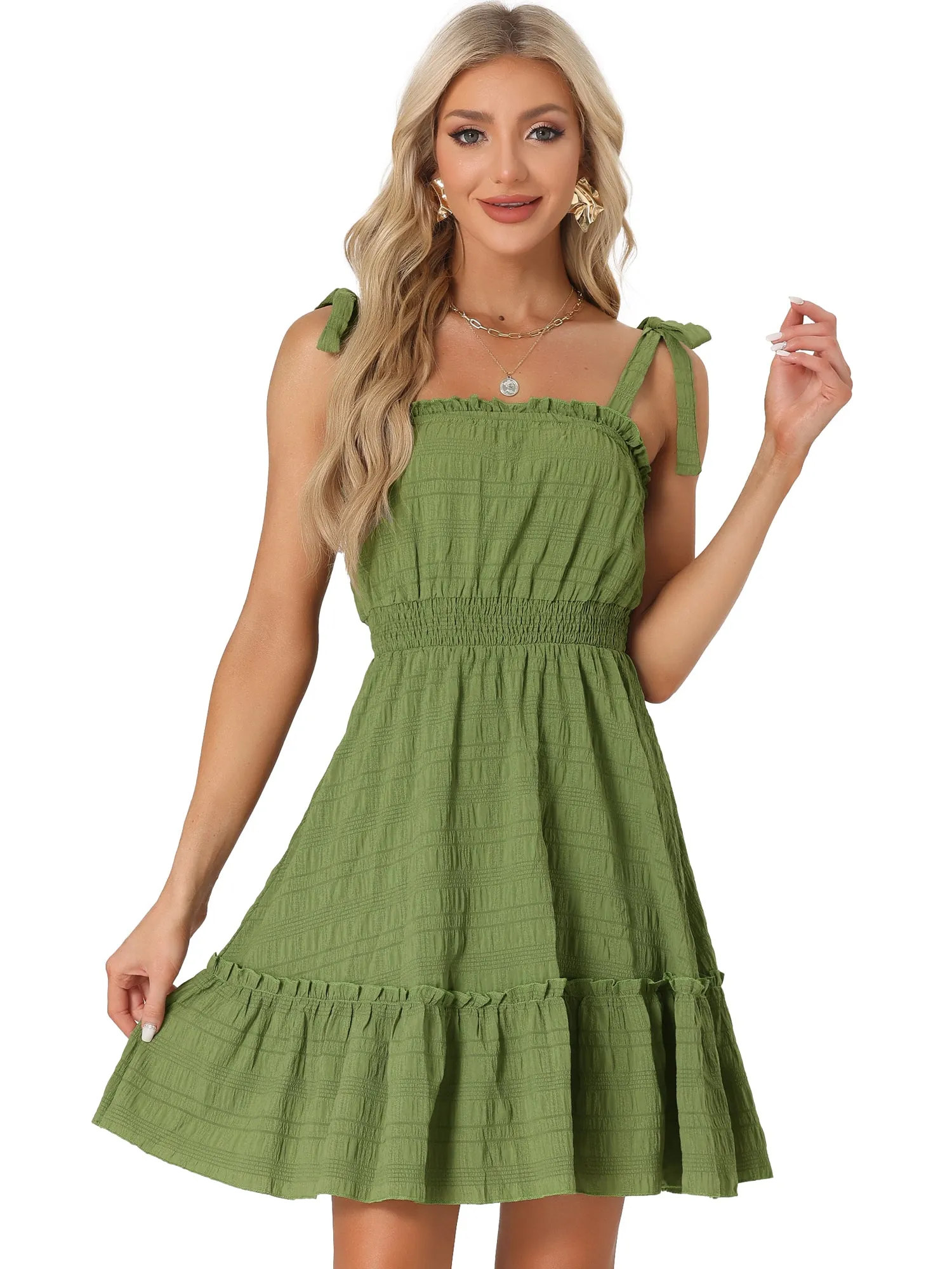 Tie Strap Sleeveless Smocked Waist A-Line Sundress Dress sold by Allegra K product image thumbnail 4