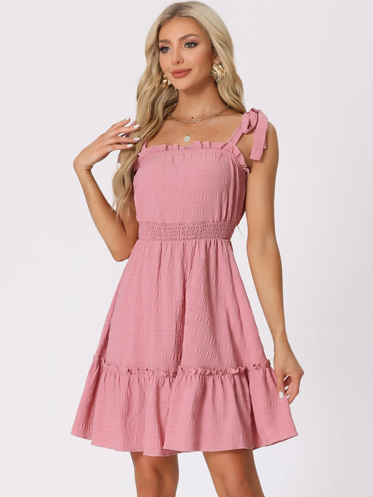 Tie Strap Sleeveless Smocked Waist A-Line Sundress Dress sold by Allegra K product image thumbnail 5