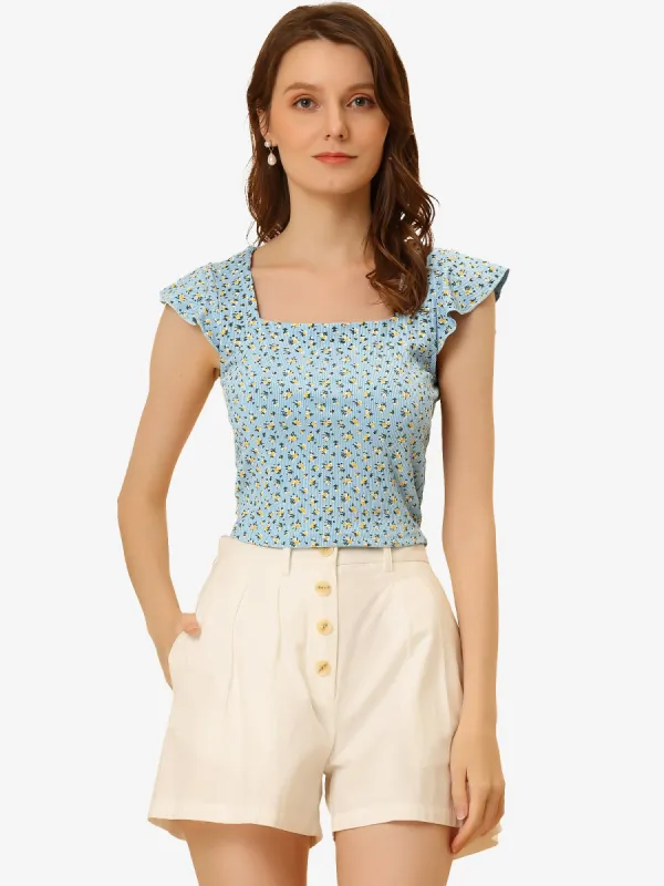 Square Neck Short Cap Sleeve Ditsy Floral Rib Knit Blouse sold by Allegra K