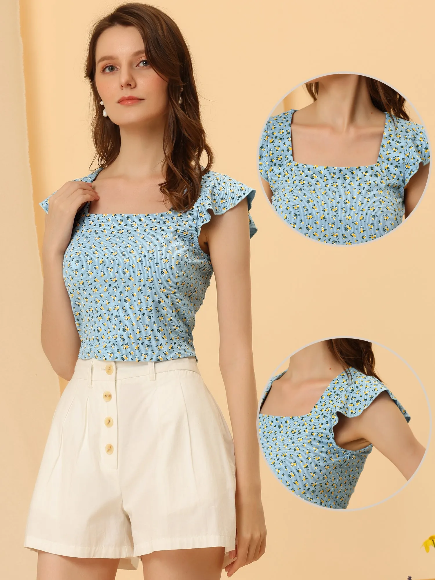 Square Neck Short Cap Sleeve Ditsy Floral Rib Knit Blouse sold by Allegra K product image thumbnail 2