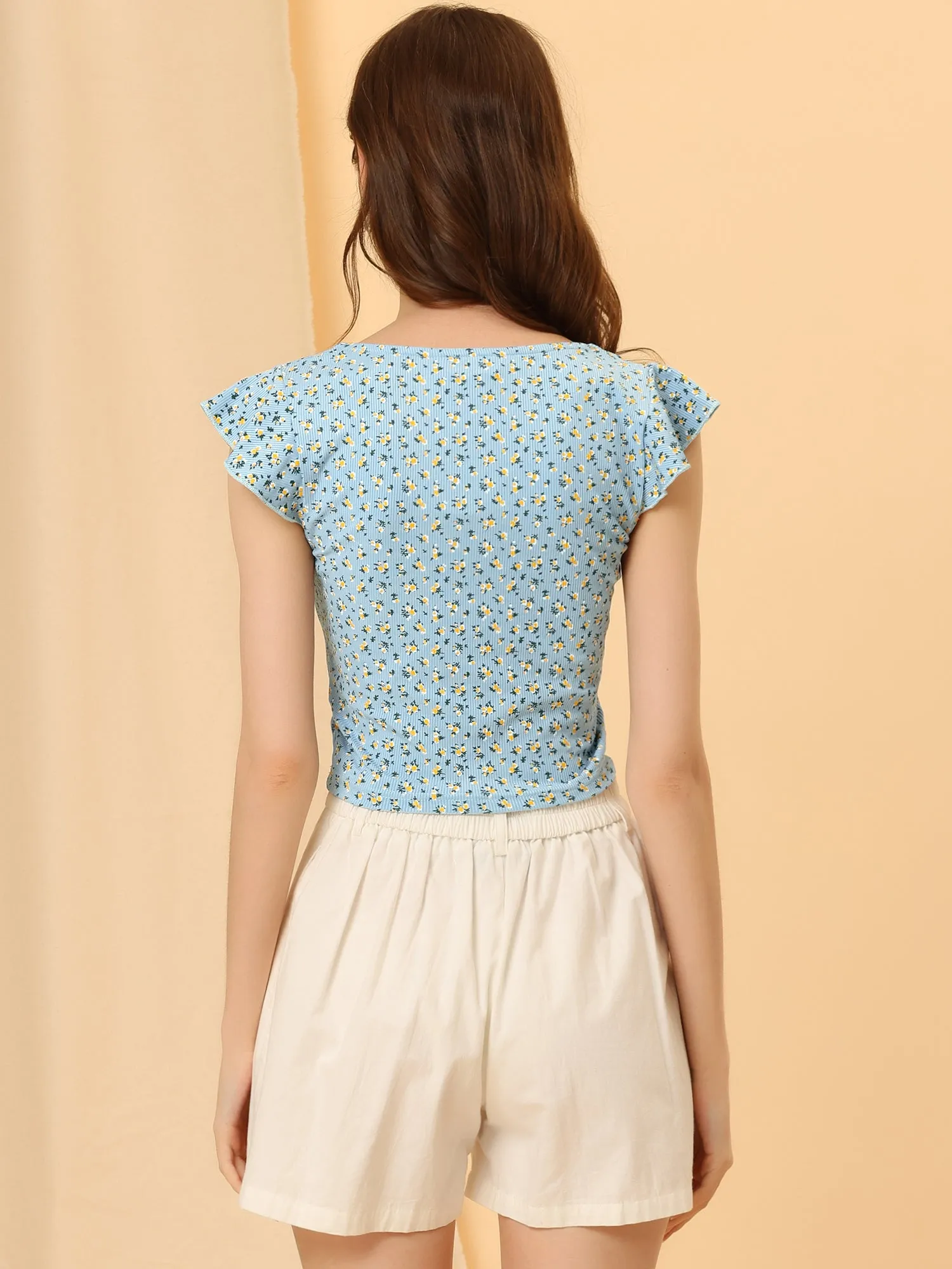 Square Neck Short Cap Sleeve Ditsy Floral Rib Knit Blouse sold by Allegra K product image thumbnail 3