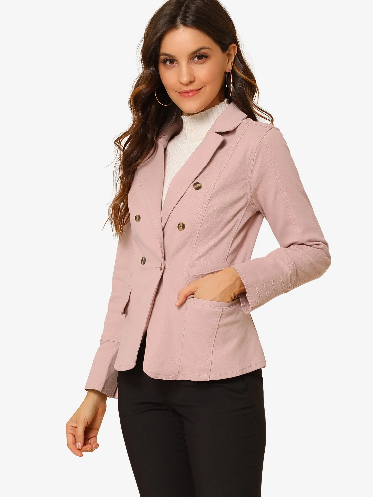 Notched Lapel Long Sleeve Pockets Denim Blazer Jean Jacket sold by Allegra K