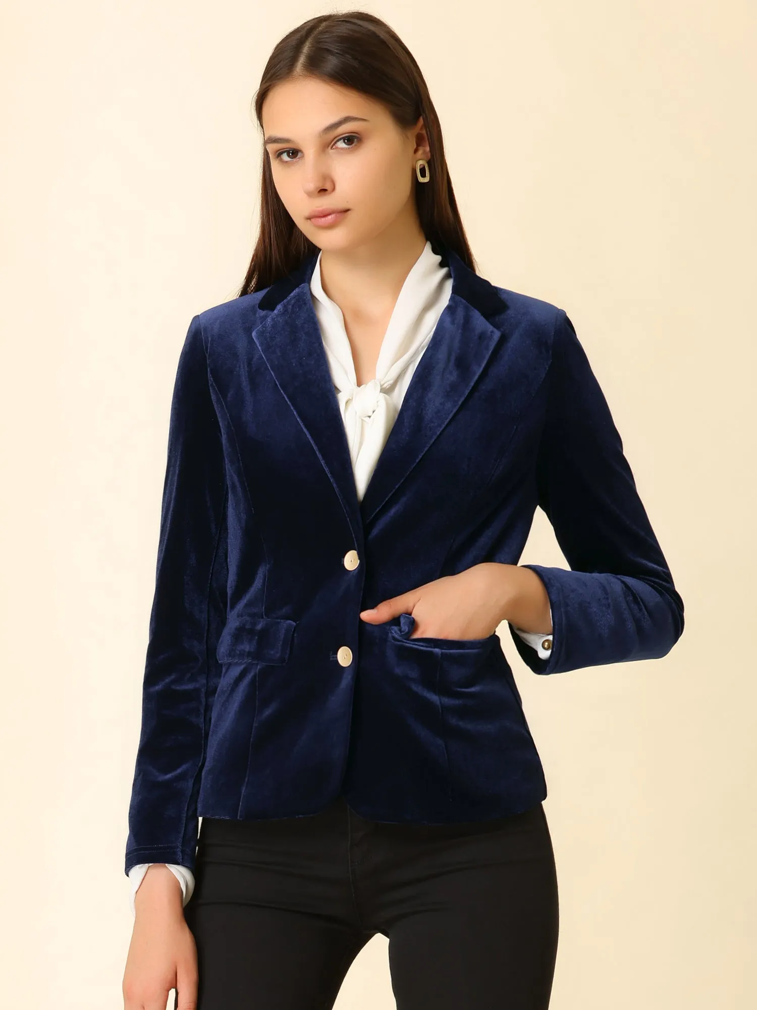 Notched Lapel Vintage Office Button Front Velvet Blazer sold by Allegra K