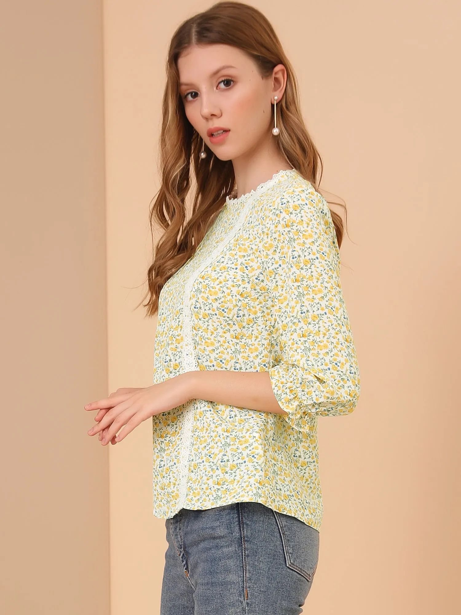 3/4 Sleeve Round Neck Retro Ruffle Cuff Elegant Ditsy Floral Blouse sold by Allegra K product image thumbnail 4