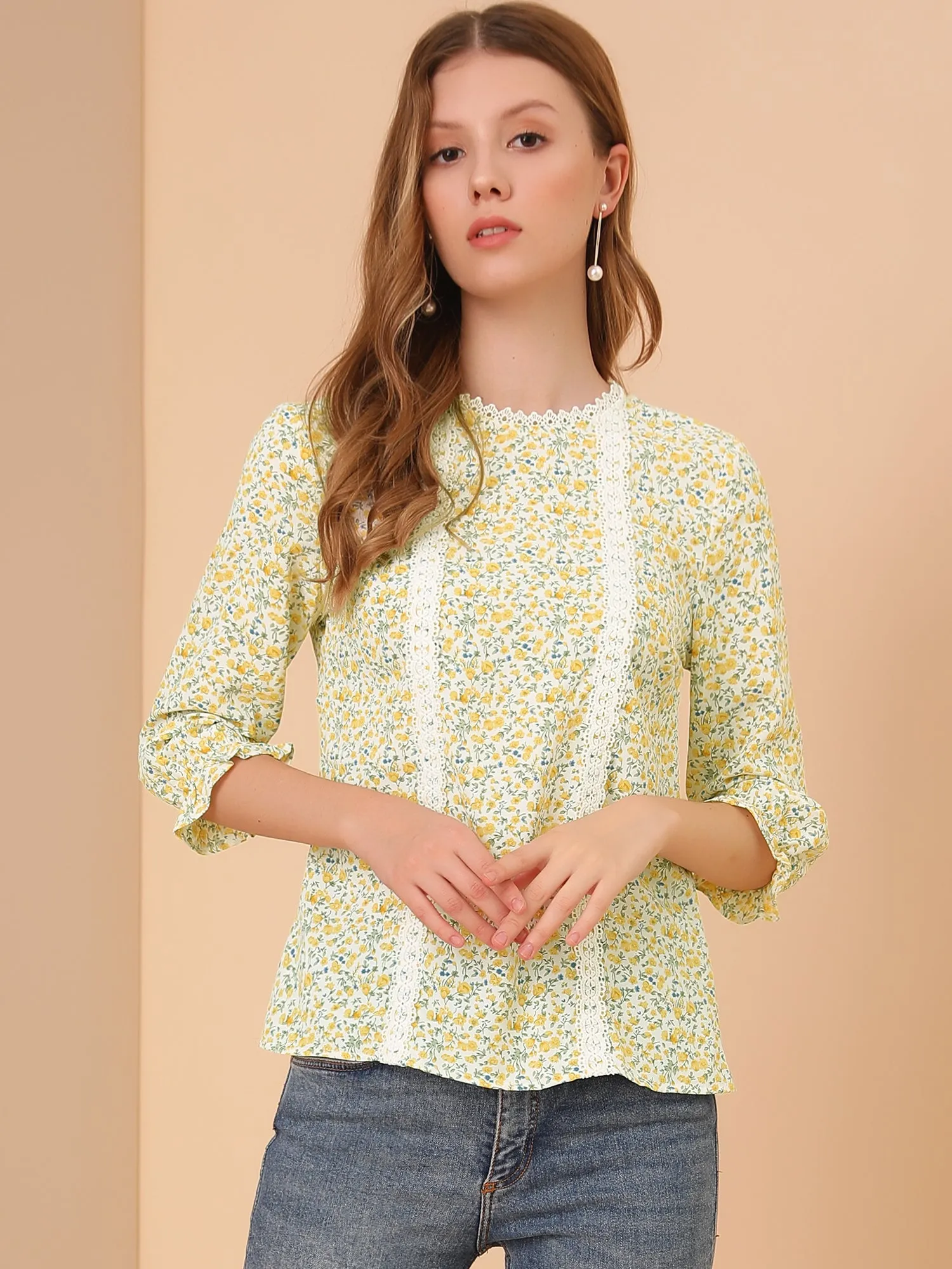 3/4 Sleeve Round Neck Retro Ruffle Cuff Elegant Ditsy Floral Blouse sold by Allegra K product image thumbnail 2