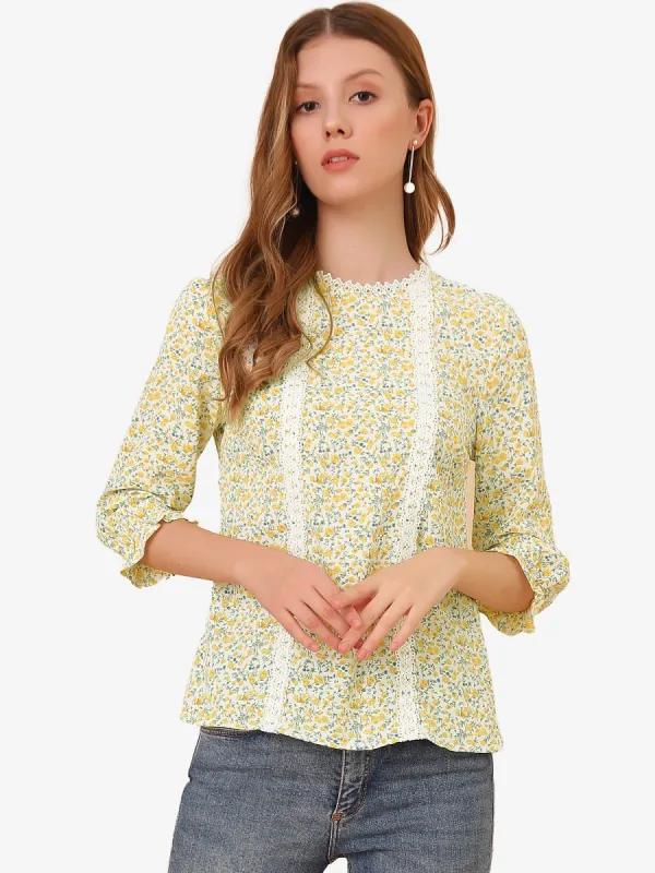 3/4 Sleeve Round Neck Retro Ruffle Cuff Elegant Ditsy Floral Blouse sold by Allegra K