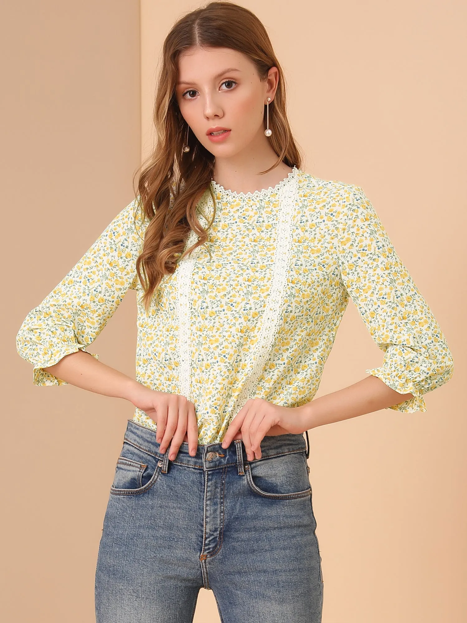3/4 Sleeve Round Neck Retro Ruffle Cuff Elegant Ditsy Floral Blouse sold by Allegra K product image thumbnail 3