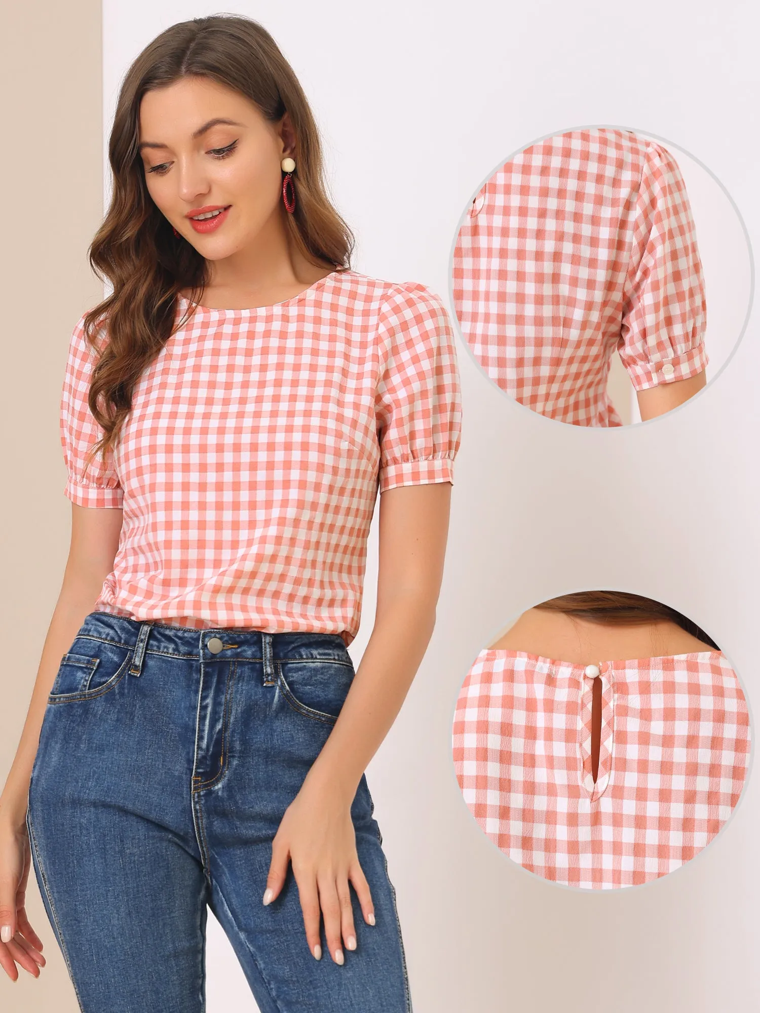 Vintage Blouse Plaid Crew Neck Puff Sleeve Casual Gingham Tops sold by Allegra K product image thumbnail 2