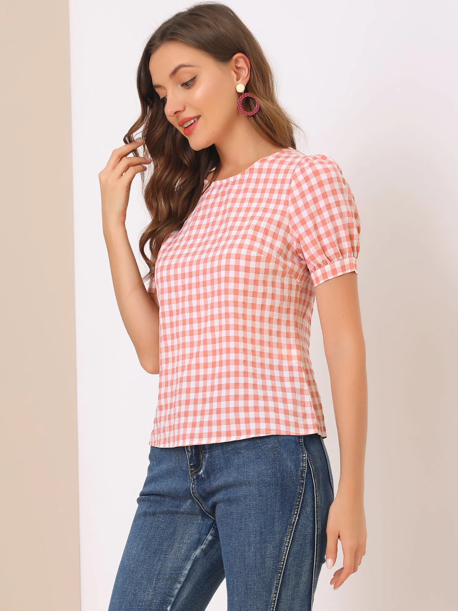 Vintage Blouse Plaid Crew Neck Puff Sleeve Casual Gingham Tops sold by Allegra K product image thumbnail 4