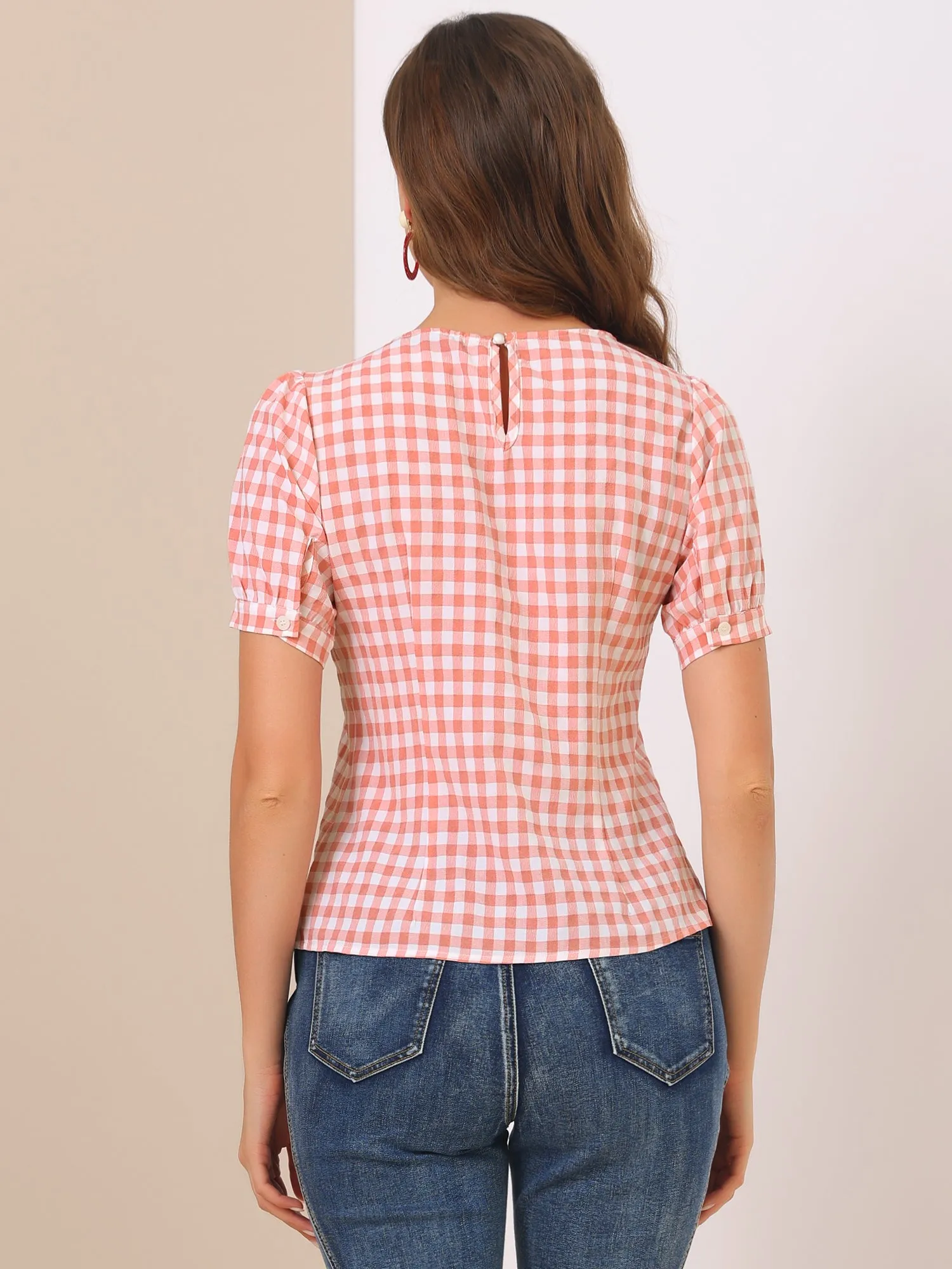 Vintage Blouse Plaid Crew Neck Puff Sleeve Casual Gingham Tops sold by Allegra K product image thumbnail 3