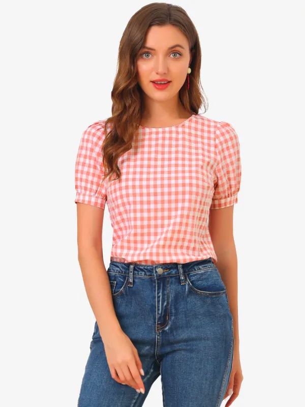 Vintage Blouse Plaid Crew Neck Puff Sleeve Casual Gingham Tops sold by Allegra K