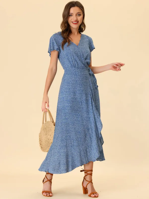 Summer Beach Wrap Boho Flutter Sleeve V Neck Ruffle Floral Maxi Dress sold by Allegra K