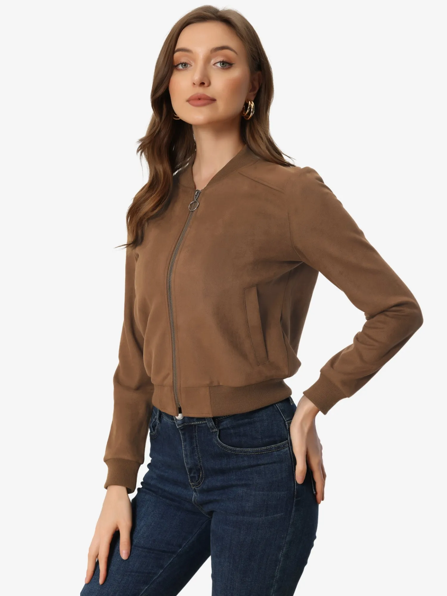 Faux Suede Crop Stand Collar Zip Up Biker Moto Bomber Jackets sold by Allegra K