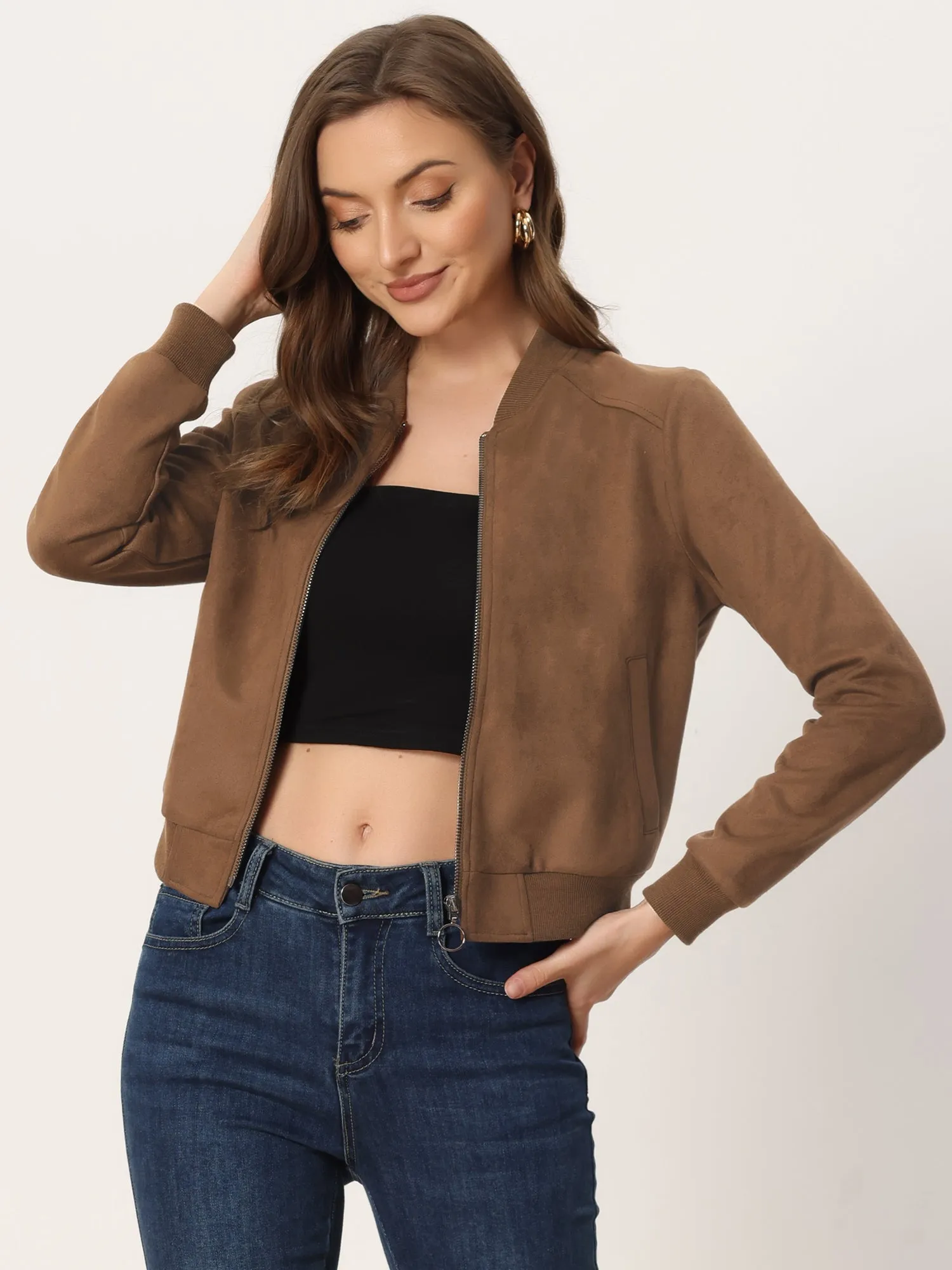 Faux Suede Crop Stand Collar Zip Up Biker Moto Bomber Jackets sold by Allegra K product image thumbnail 4