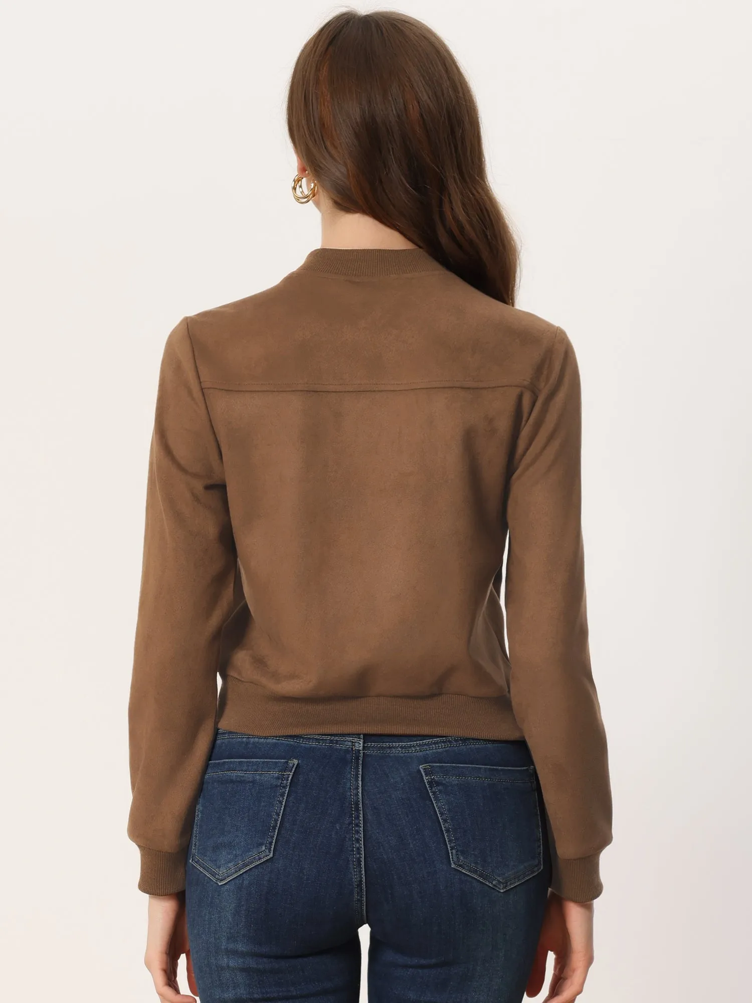Faux Suede Crop Stand Collar Zip Up Biker Moto Bomber Jackets sold by Allegra K product image thumbnail 3