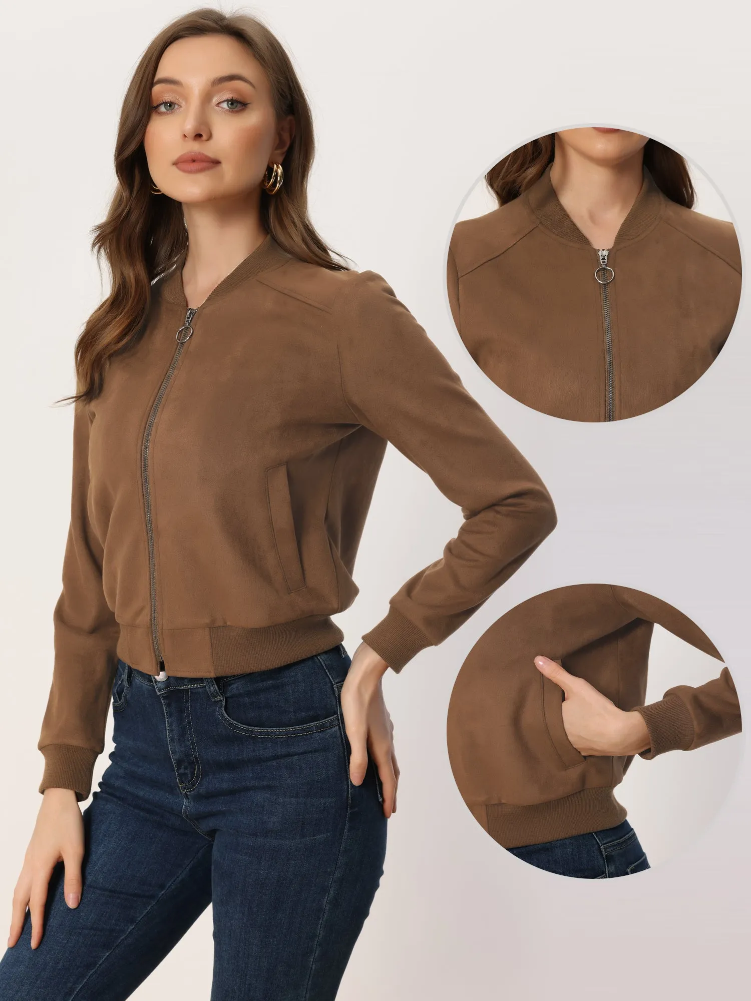 Faux Suede Crop Stand Collar Zip Up Biker Moto Bomber Jackets sold by Allegra K product image thumbnail 2