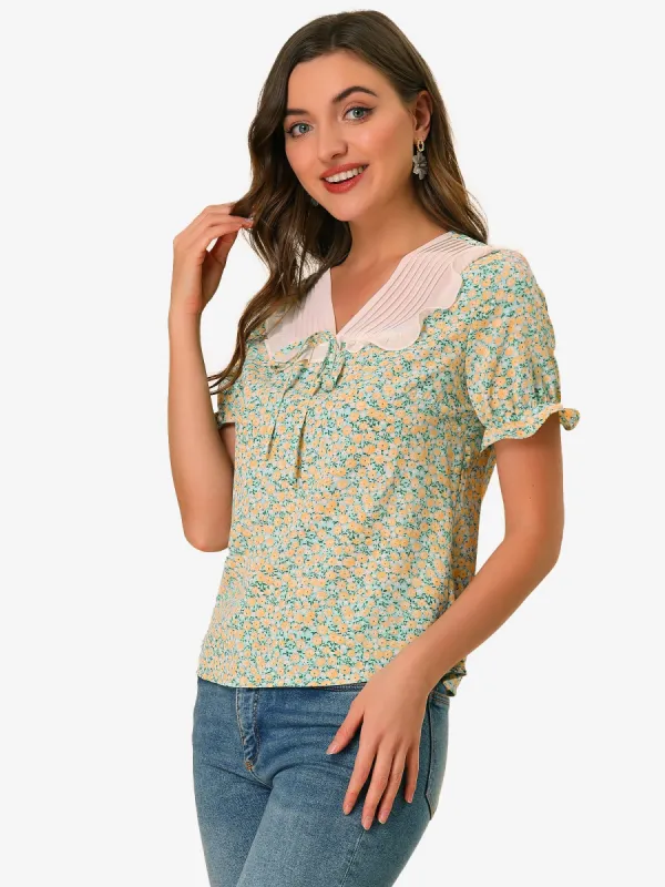 Ditsy Floral Blouse Ruffle V Neck Puff Sleeve Chiffon Peasant Top sold by Allegra K