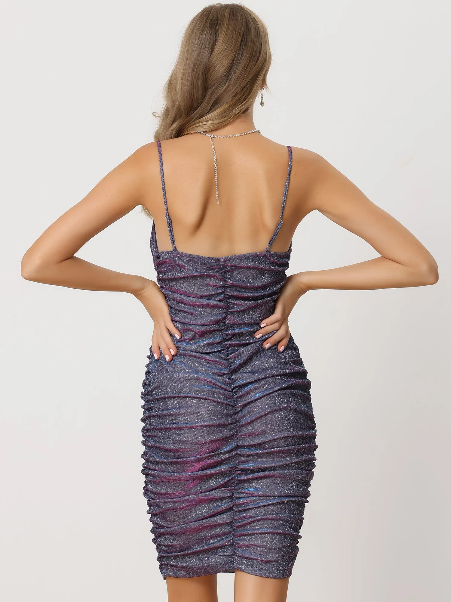 Ruched Sparkly Glitter Spaghetti Straps Bodycon Mini Dress sold by Allegra K product image thumbnail 3