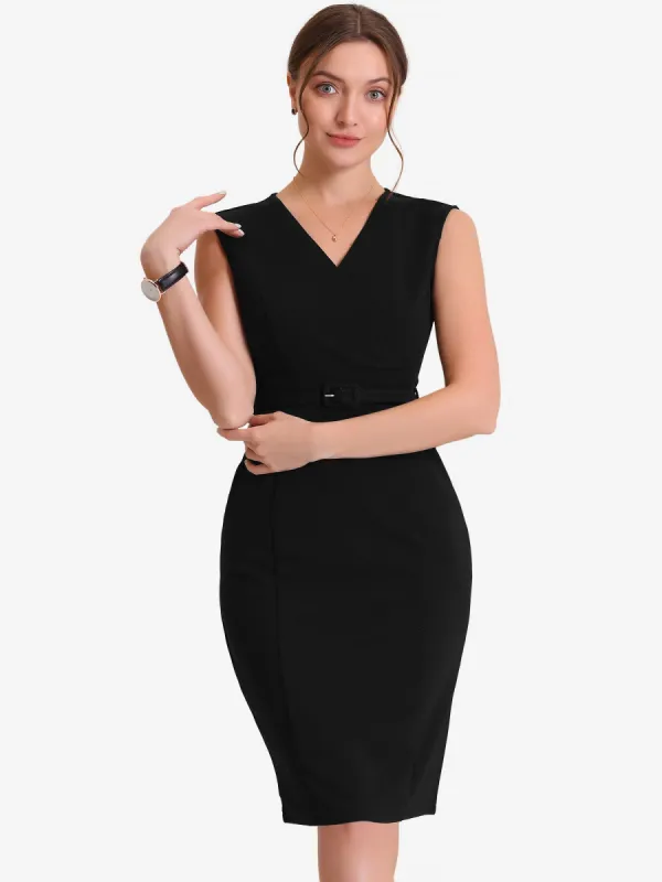 Solid Color V Neck Sleeveless Belted Business Office Midi Sheath Dress sold by Allegra K