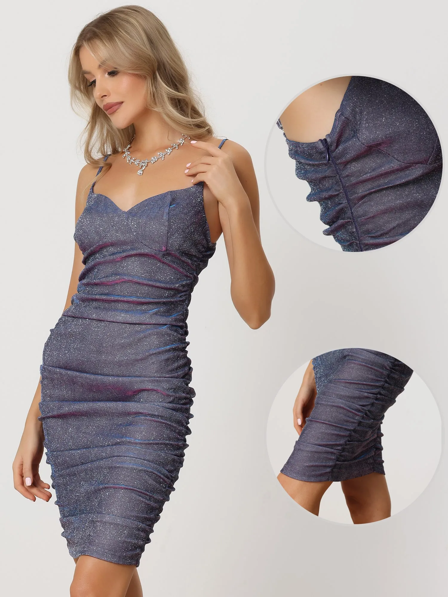 Ruched Sparkly Glitter Spaghetti Straps Bodycon Mini Dress sold by Allegra K product image thumbnail 2