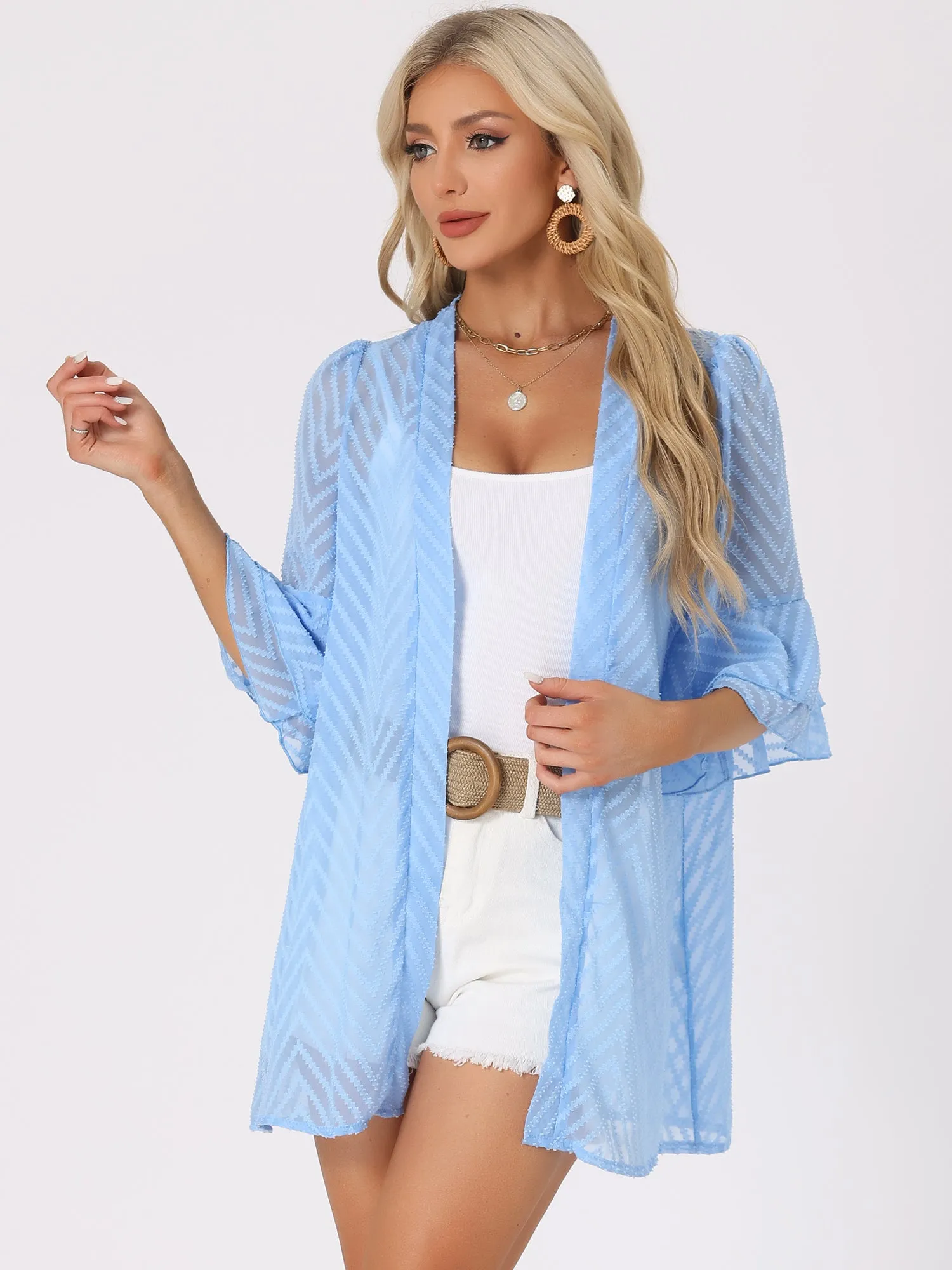 Ruffle Bell Sleeves Textured Sheer Summer Beach Cover Up sold by Allegra K