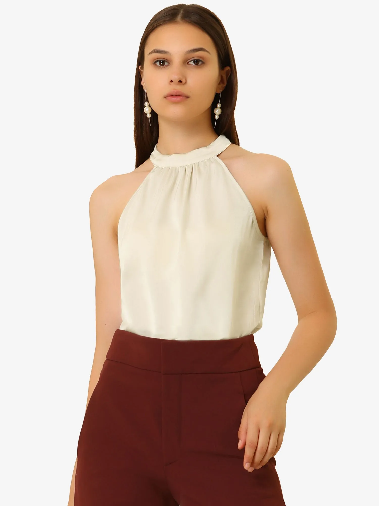 Satin Keyhole Back Sleeveless Halter Tank Tops sold by Allegra K