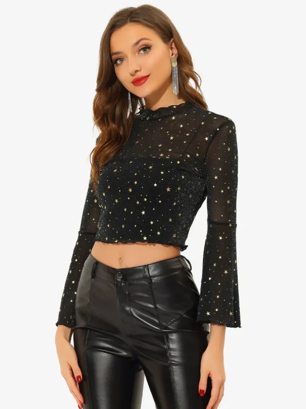Mesh Crop Top Stars Pattern Glitter Sheer See Through Blouse sold by Allegra K