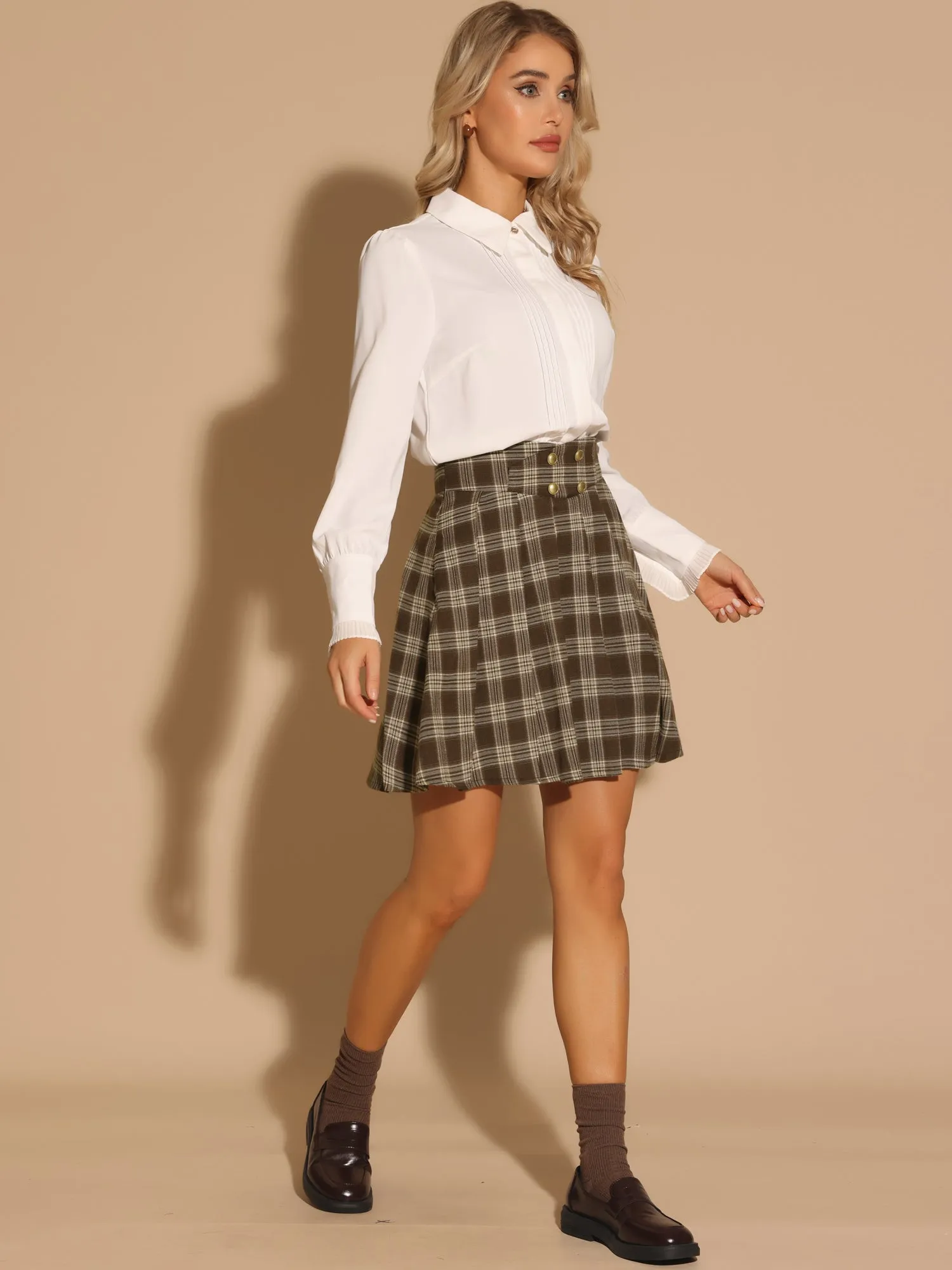 Vintage Plaid Double Breasted A-Line Pleated Mini Skirt sold by Allegra K