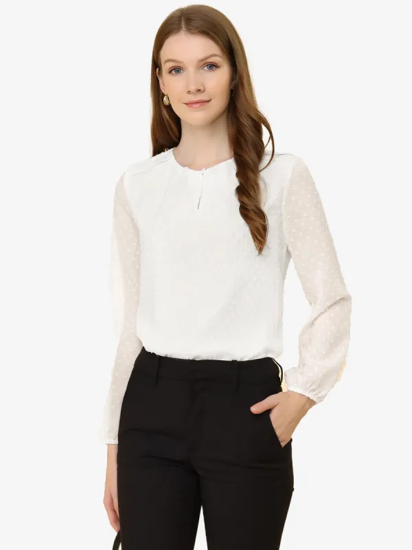 Chiffon Blouse Vintage Crew Neck Puff Long Sleeve Swiss Dots Top sold by Allegra K