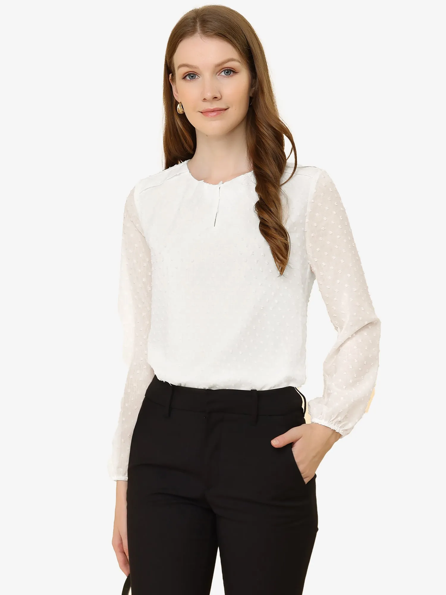 Chiffon Blouse Vintage Crew Neck Puff Long Sleeve Swiss Dots Top sold by Allegra K