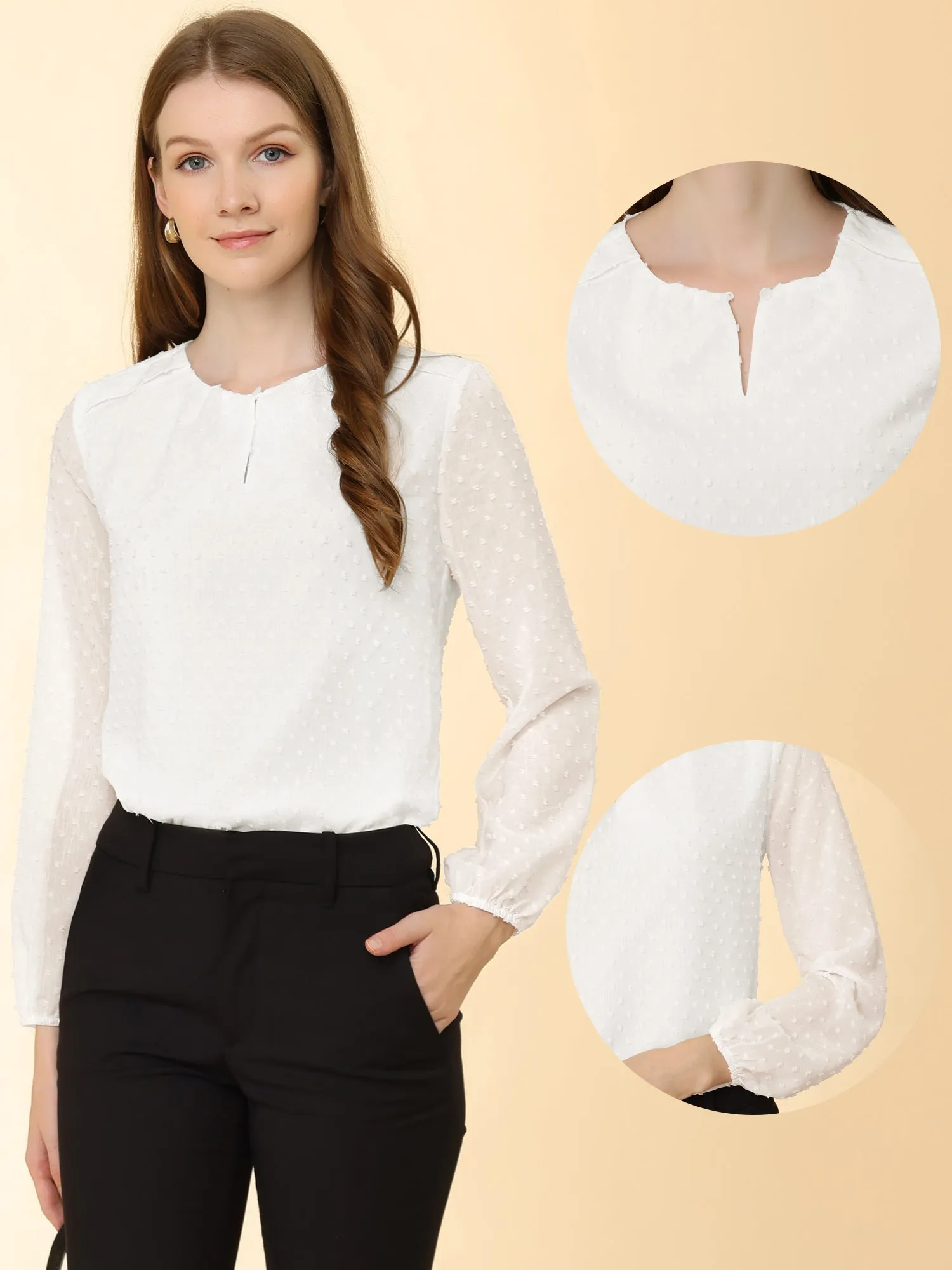 Chiffon Blouse Vintage Crew Neck Puff Long Sleeve Swiss Dots Top sold by Allegra K product image thumbnail 2