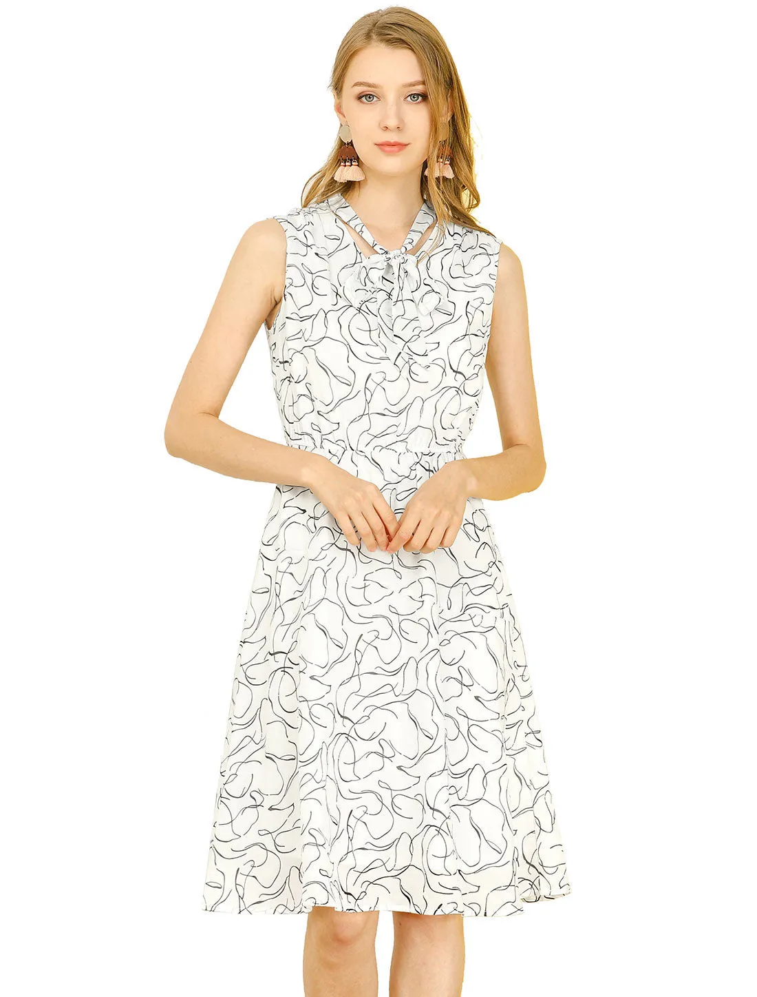 Tie V-neck Abstract Print Below Knee Summer Sleeveless Swing Sundress sold by Allegra K product image thumbnail 2