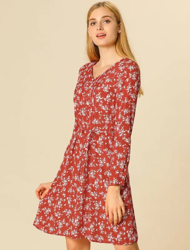 A-line V Neck Pleated Detail Belted Floral Dress sold by Allegra K