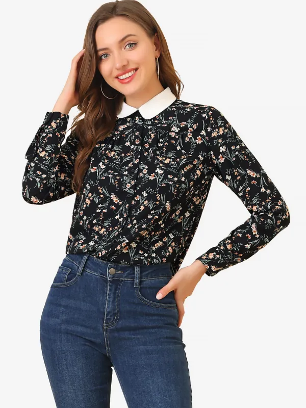 Contrast Collar Top Button Down Shirt Long Sleeve Work Floral Blouse sold by Allegra K