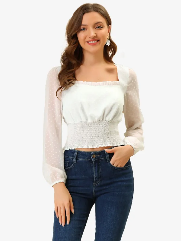 Smocked Crop Top Square Neck Mesh Long Sleeve Swiss Dots Blouse Shirt sold by Allegra K