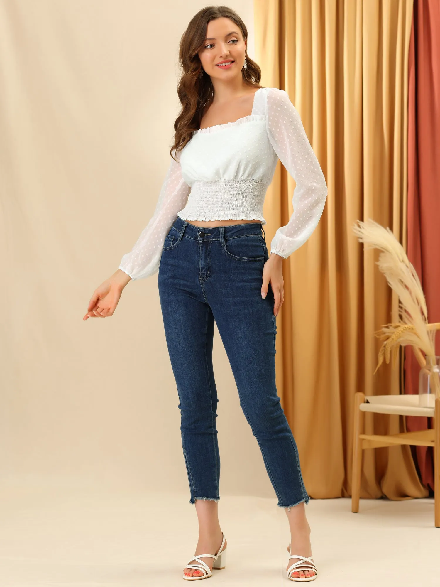 Smocked Crop Top Square Neck Mesh Long Sleeve Swiss Dots Blouse Shirt sold by Allegra K product image thumbnail 3