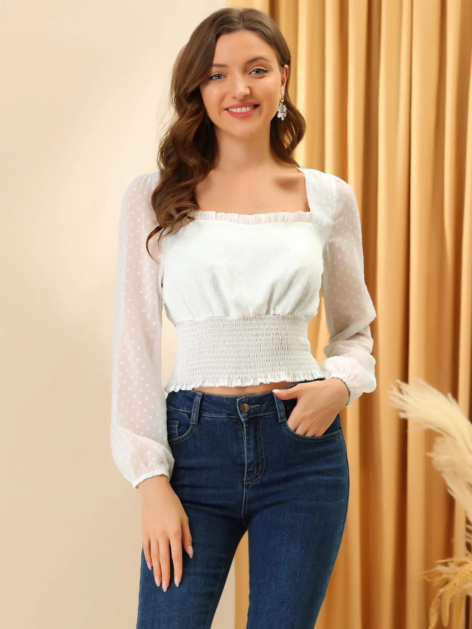 Smocked Crop Top Square Neck Mesh Long Sleeve Swiss Dots Blouse Shirt sold by Allegra K product image thumbnail 2