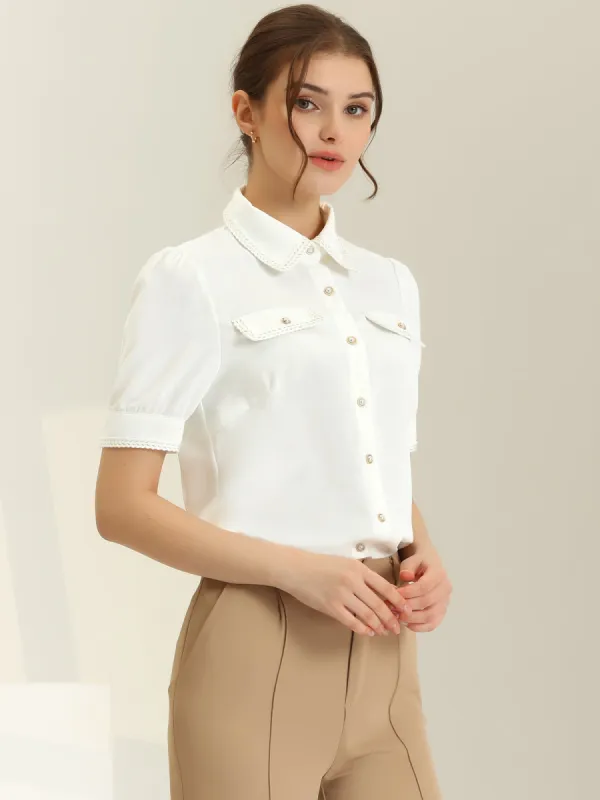 Puff Short Sleeve Contrast Trim Chiffon Work Office Button Down Shirt sold by Allegra K