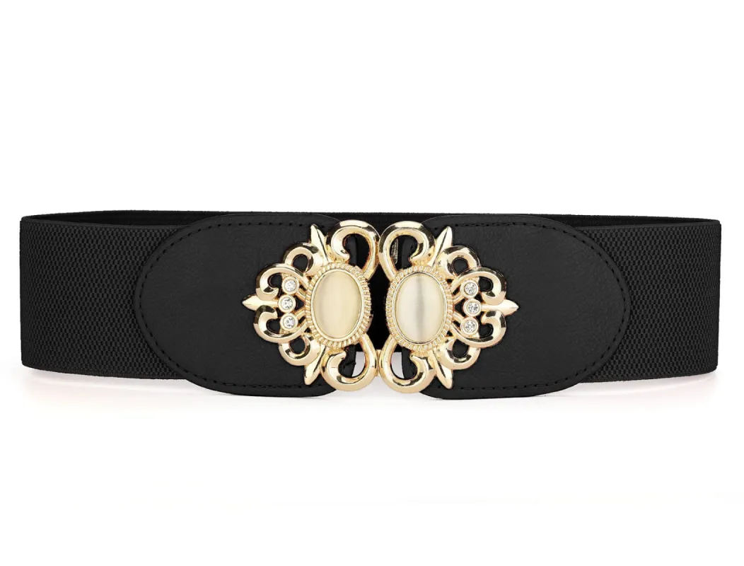 Lady Faux Leather Beaded Rhinestone Inlaid Elastic Waist Belt sold by Allegra K