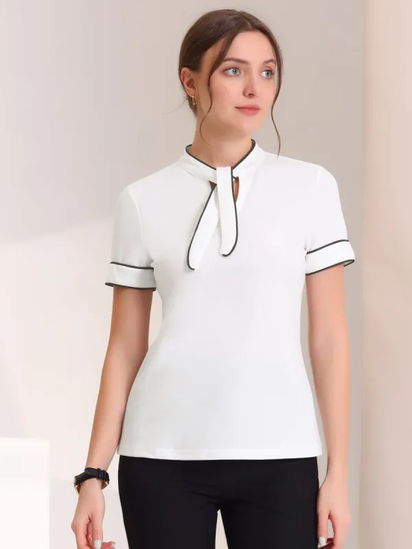Office Blouse Short Sleeve Cutout Contrast Binding Tie Work Tops sold by Allegra K