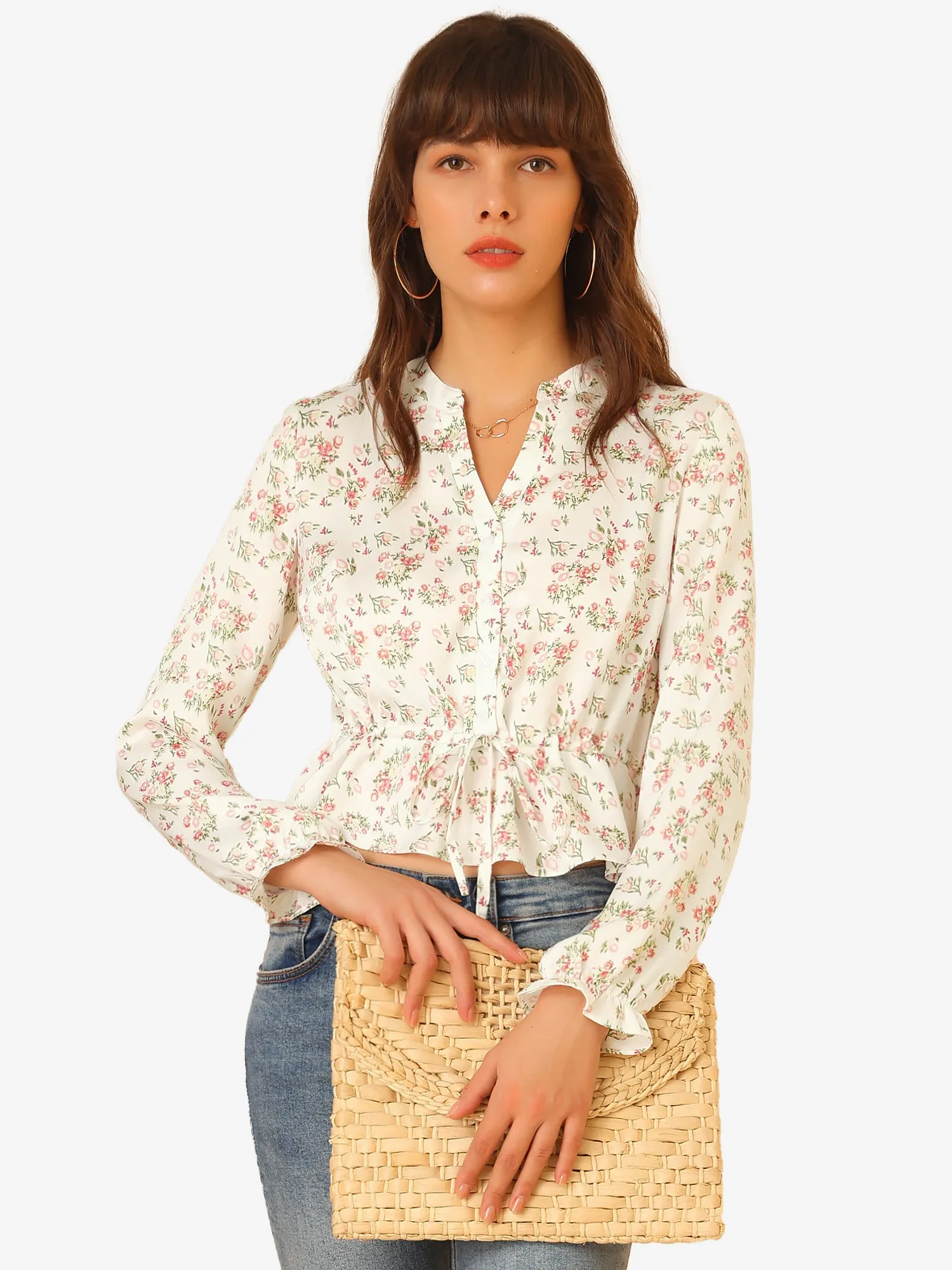 Floral Button Front V Neck Long Sleeve Peplum Hem Crop Top sold by Allegra K