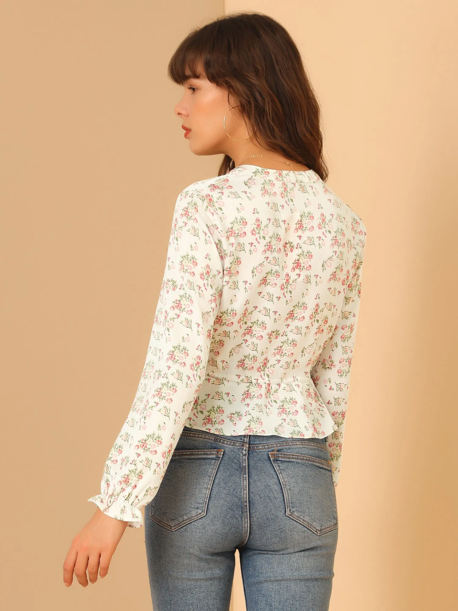Floral Button Front V Neck Long Sleeve Peplum Hem Crop Top sold by Allegra K product image thumbnail 5