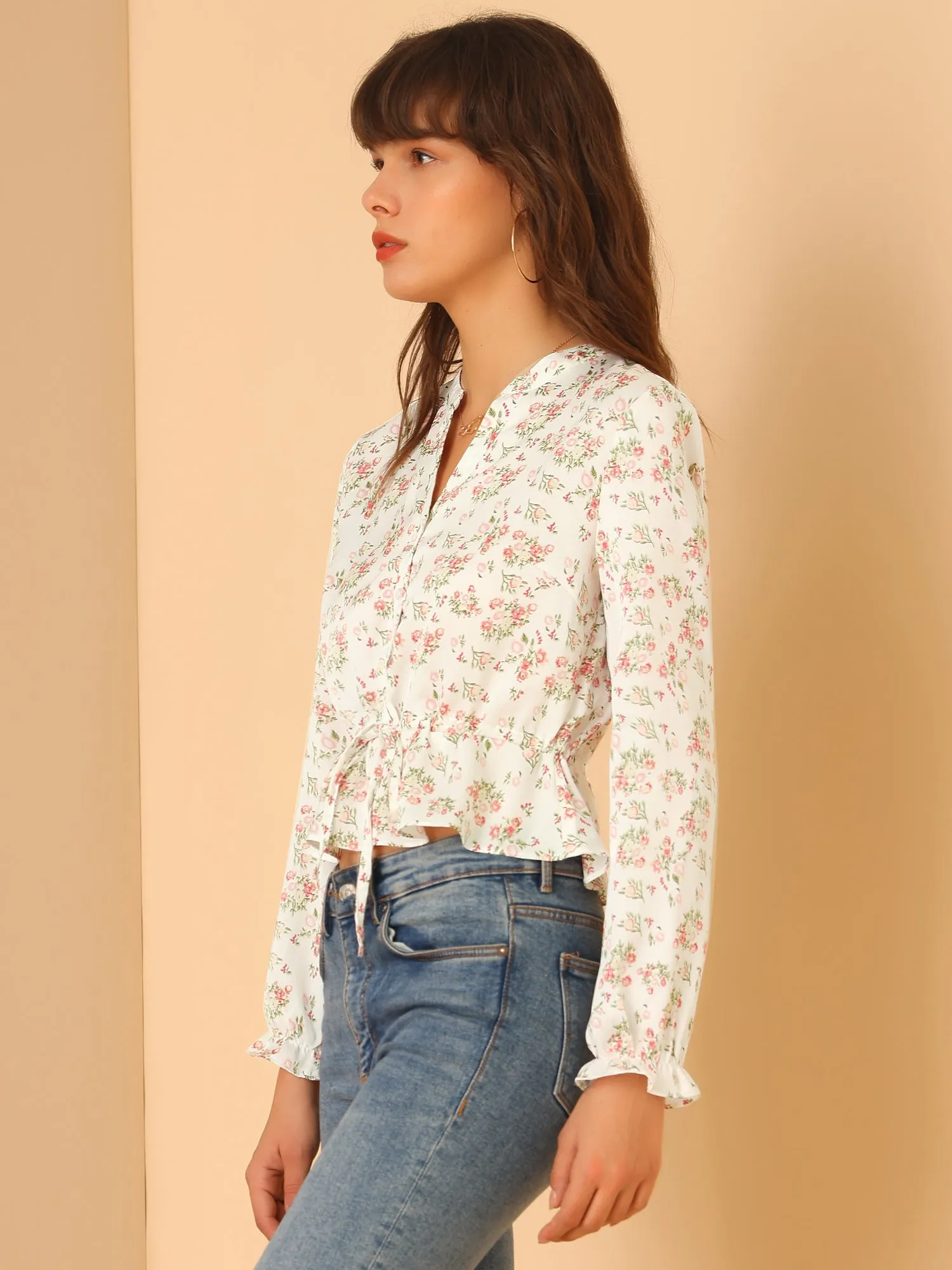Floral Button Front V Neck Long Sleeve Peplum Hem Crop Top sold by Allegra K product image thumbnail 4