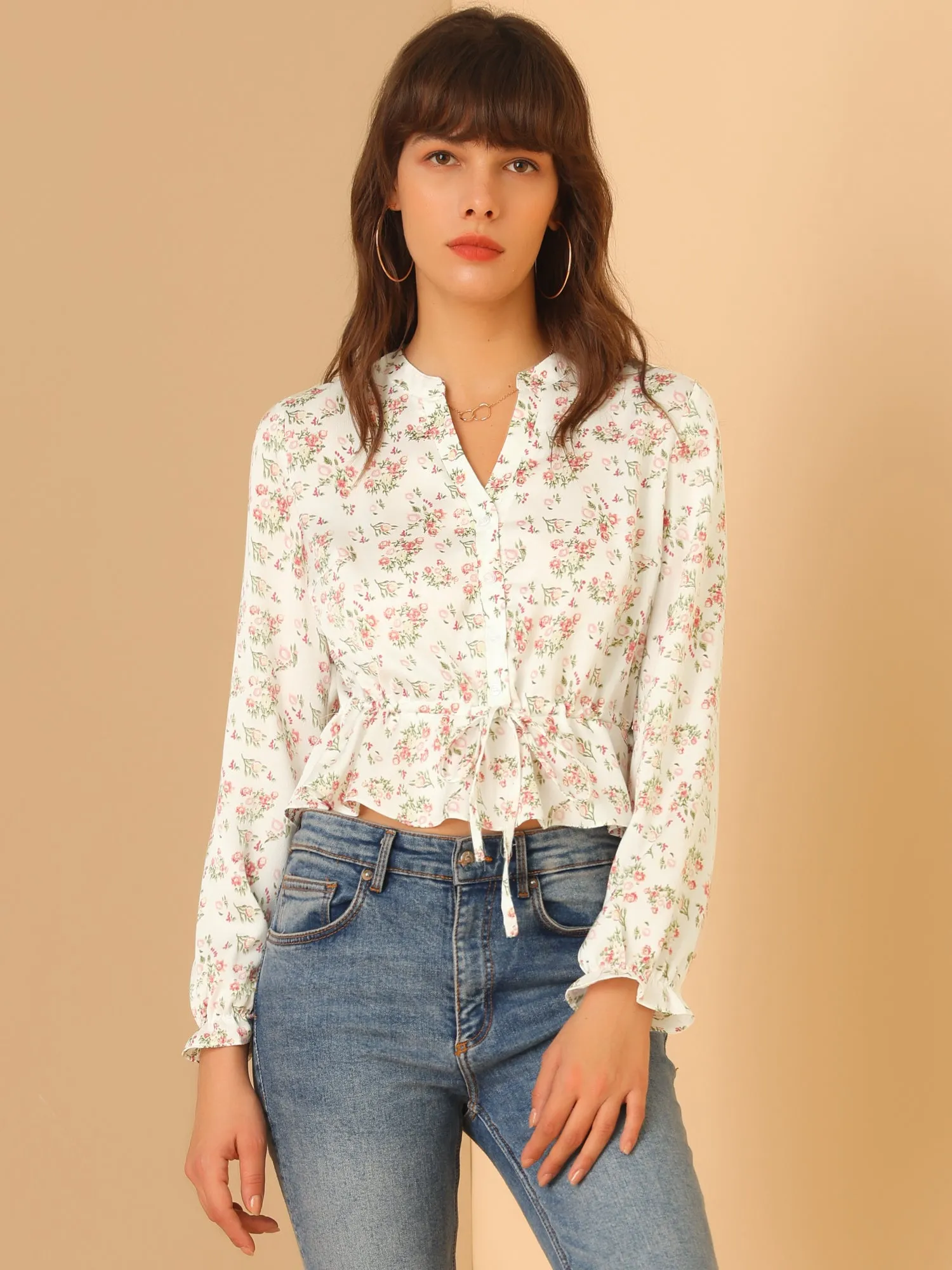 Floral Button Front V Neck Long Sleeve Peplum Hem Crop Top sold by Allegra K product image thumbnail 3