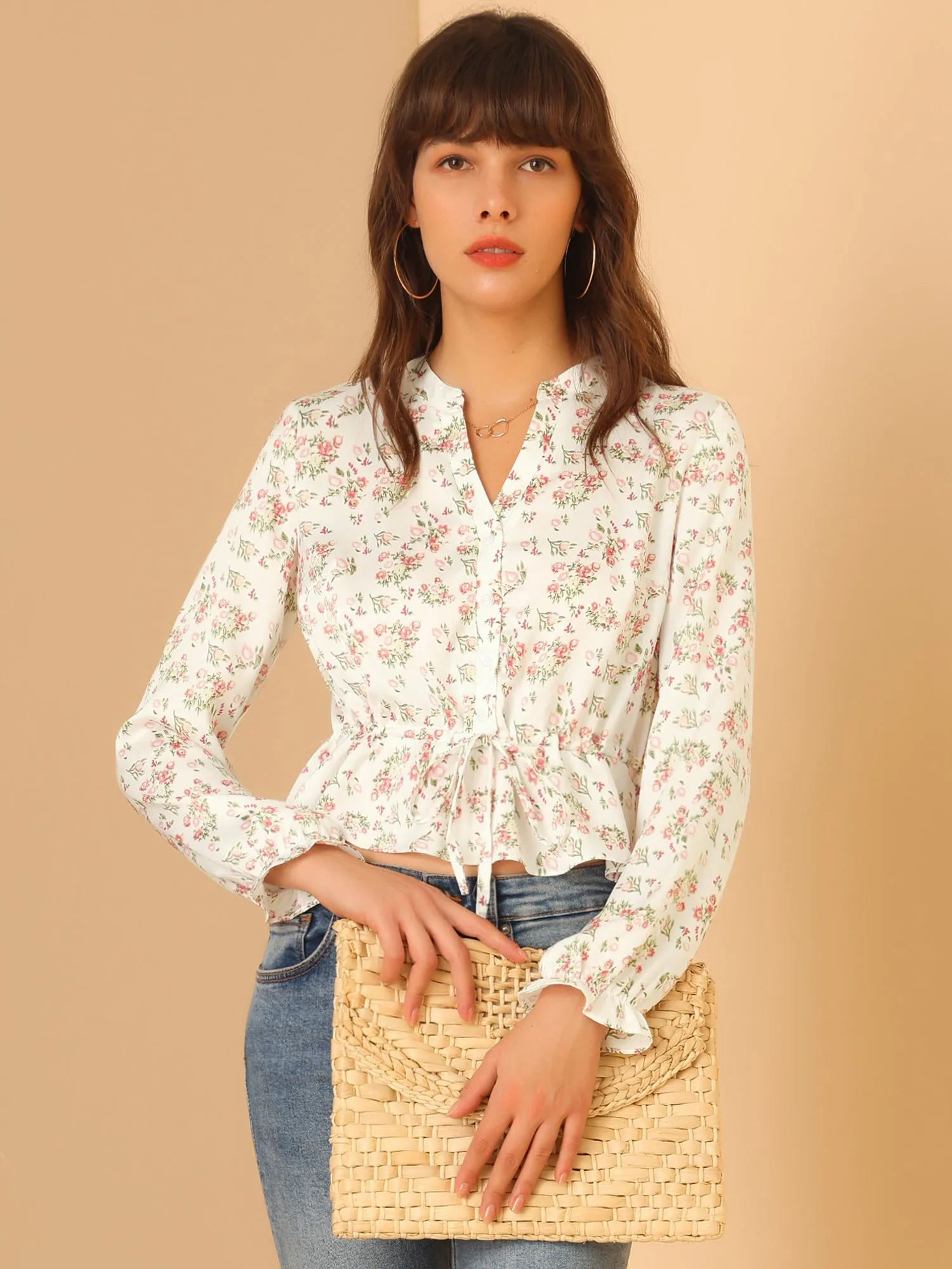 Floral Button Front V Neck Long Sleeve Peplum Hem Crop Top sold by Allegra K product image thumbnail 2