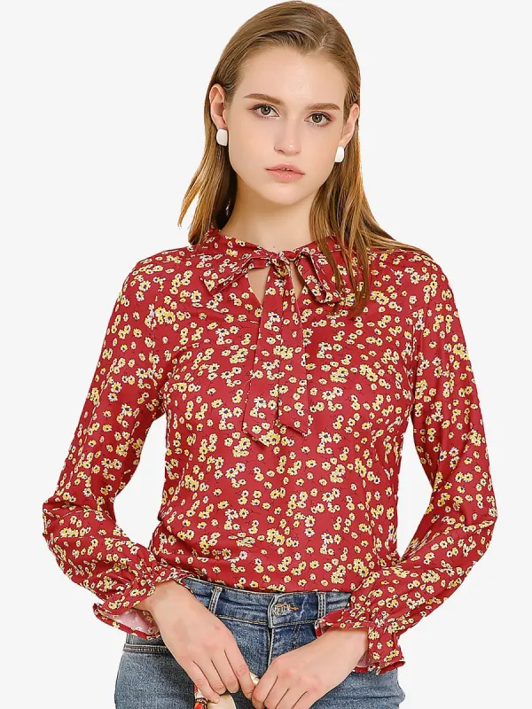Casual Tie Neckline Raglan Long Sleeve Floral Blouse sold by Allegra K
