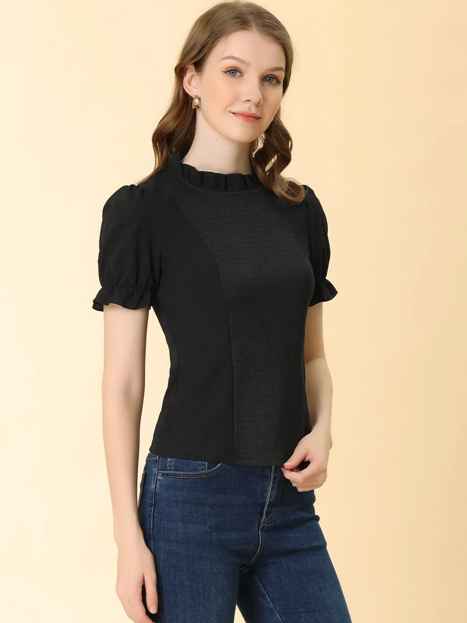 Short Puff Sleeve Frill Trim Ruched Solid Tee Smocked Blouse sold by Allegra K product image thumbnail 3