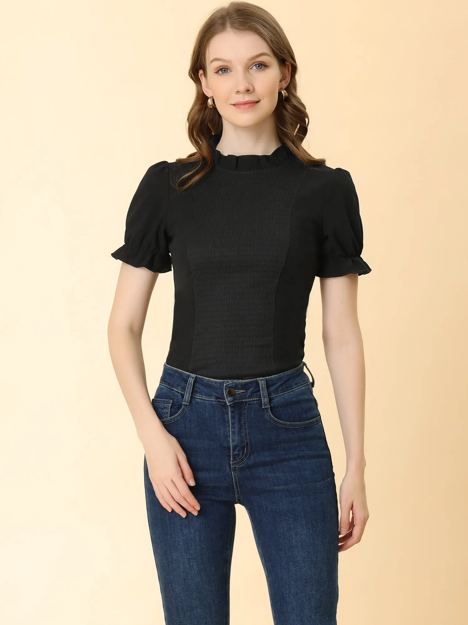 Short Puff Sleeve Frill Trim Ruched Solid Tee Smocked Blouse sold by Allegra K
